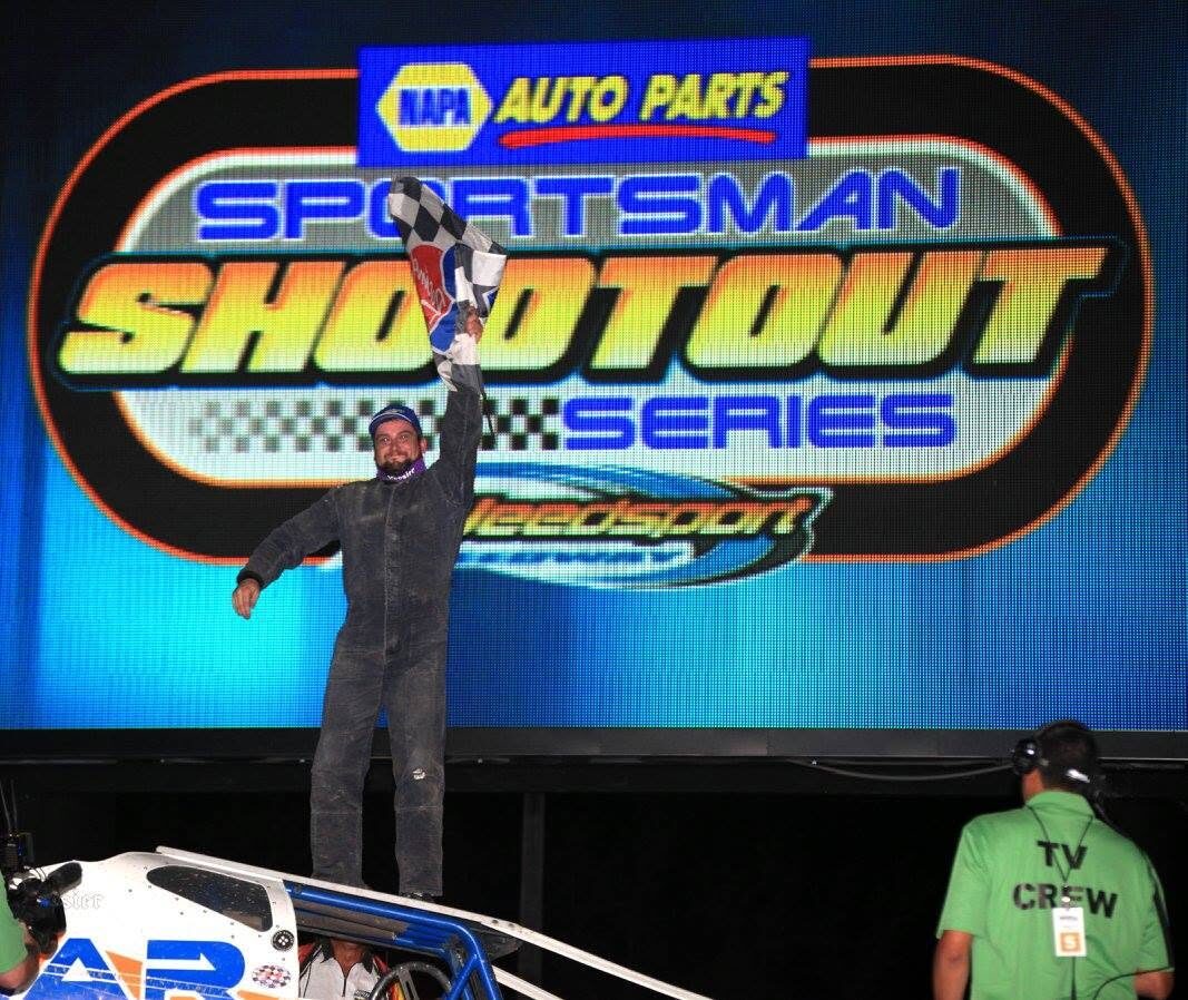 Adam Hilton in victory lane after a feature win
